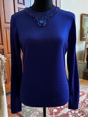 Ted Baker Jeweled Collared Royal Blue Pullover Sweater Size 2 100% Acrylic